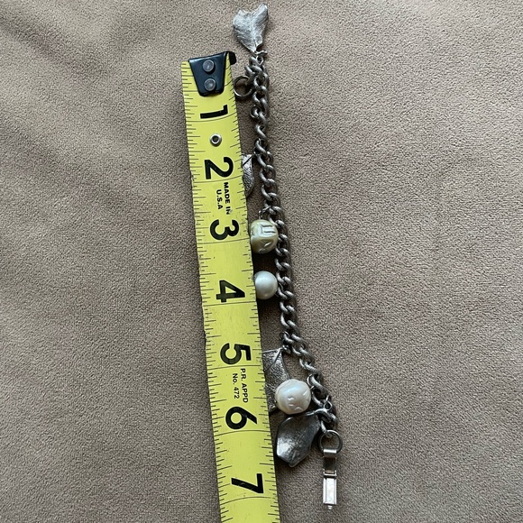 Vintage Leaf Chain Link Pearl Dangle Charm Bracelet Silver - Picture 6 of 6